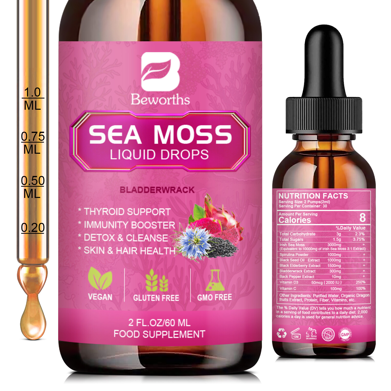 1/2x Organic Sea Moss Drops – Irish Sea Moss Bladderwrack with Black Seed Oil
