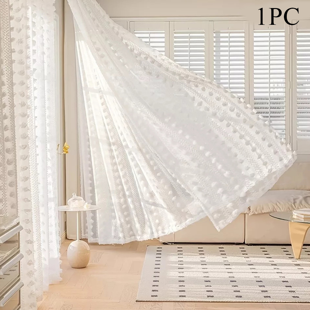 Cordless Sheer Curtain with Pompom Design Polyester Blending for Living Room