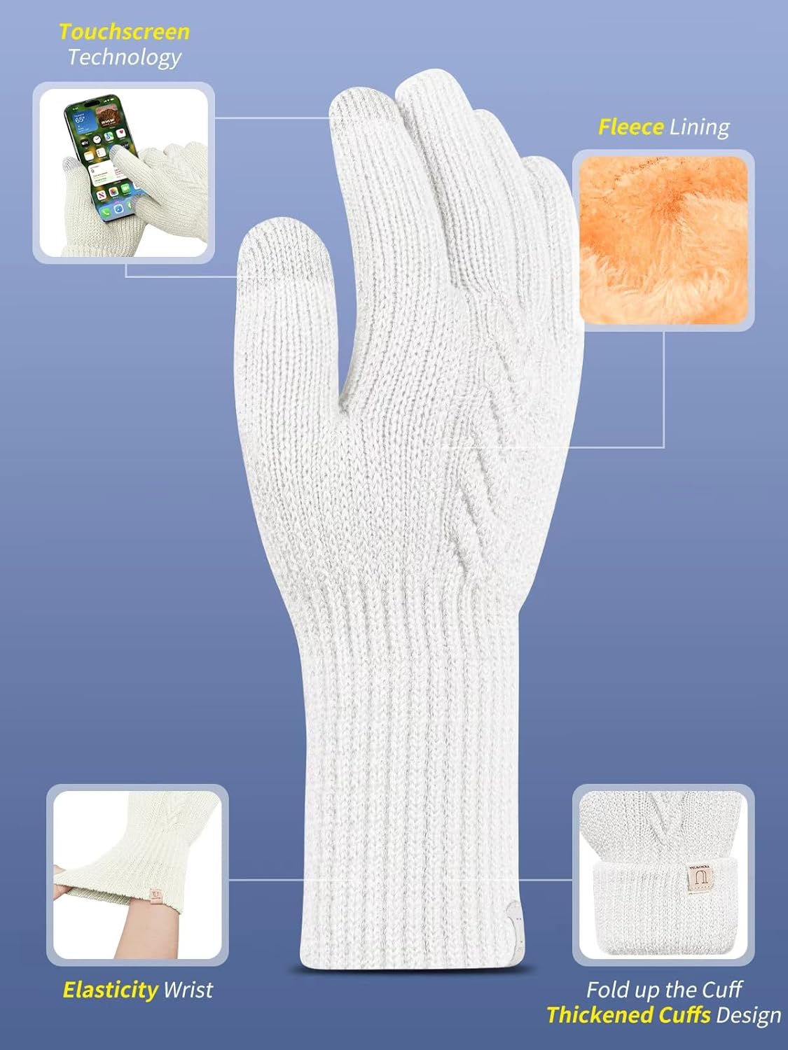 Thermal Winter Gloves,Thicken Elastic Cuff Touch Screen Fleece Lining Knitted Wa - Bild 27 von 43