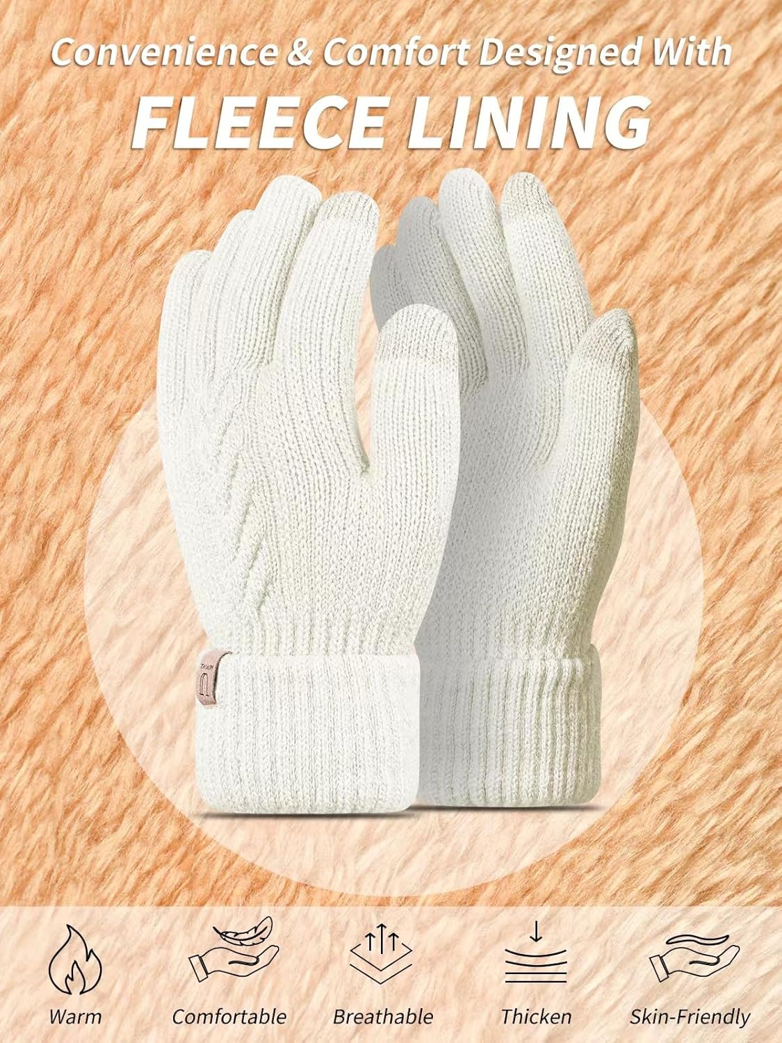 Thermal Winter Gloves,Thicken Elastic Cuff Touch Screen Fleece Lining Knitted Wa - Bild 29 von 43