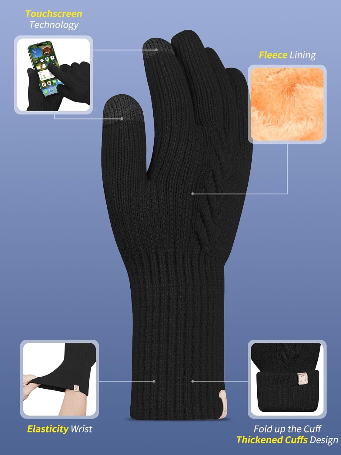 Thermal Winter Gloves,Thicken Elastic Cuff Touch Screen Fleece Lining Knitted Wa - Bild 33 von 43