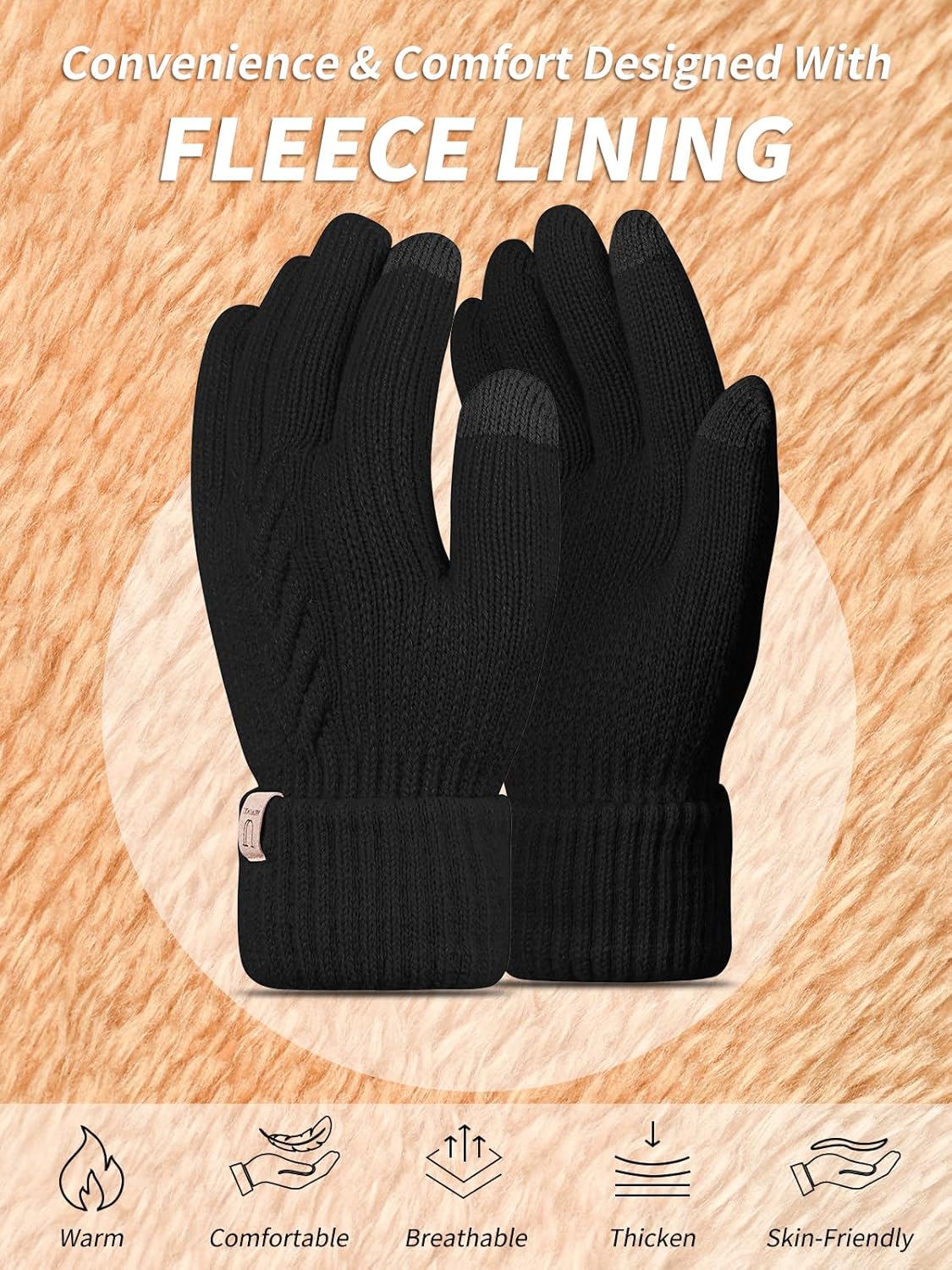 Thermal Winter Gloves,Thicken Elastic Cuff Touch Screen Fleece Lining Knitted Wa - Bild 35 von 43