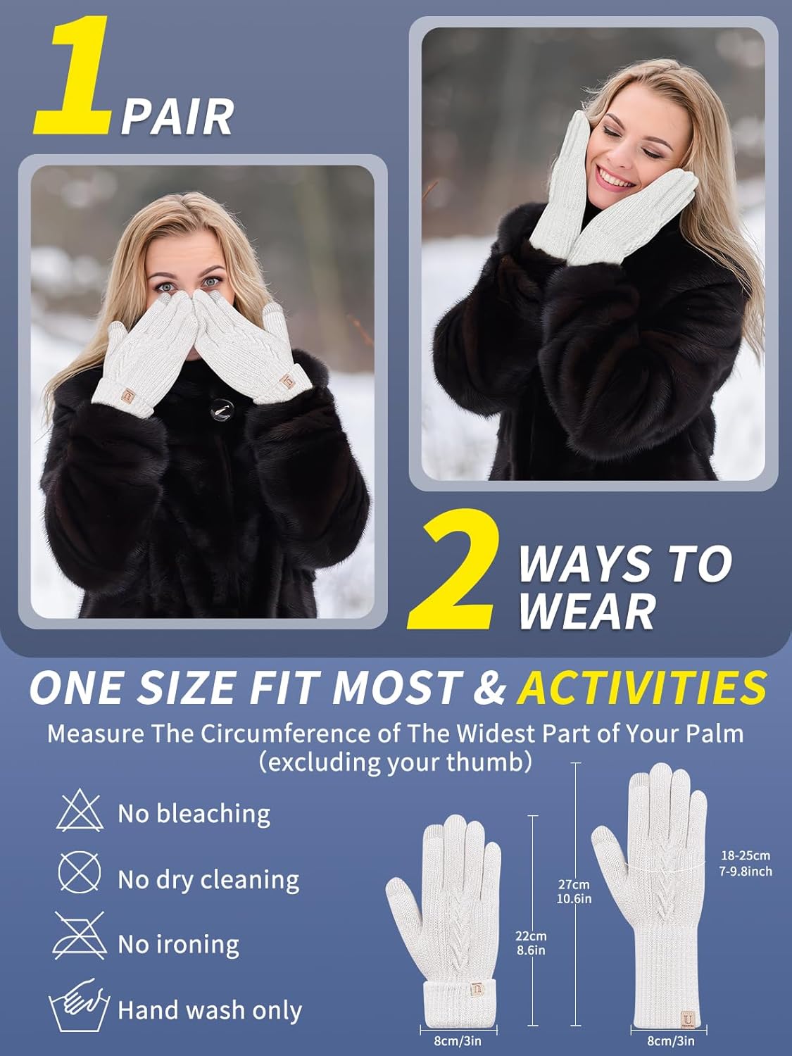Thermal Winter Gloves,Thicken Elastic Cuff Touch Screen Fleece Lining Knitted Wa - Bild 31 von 43