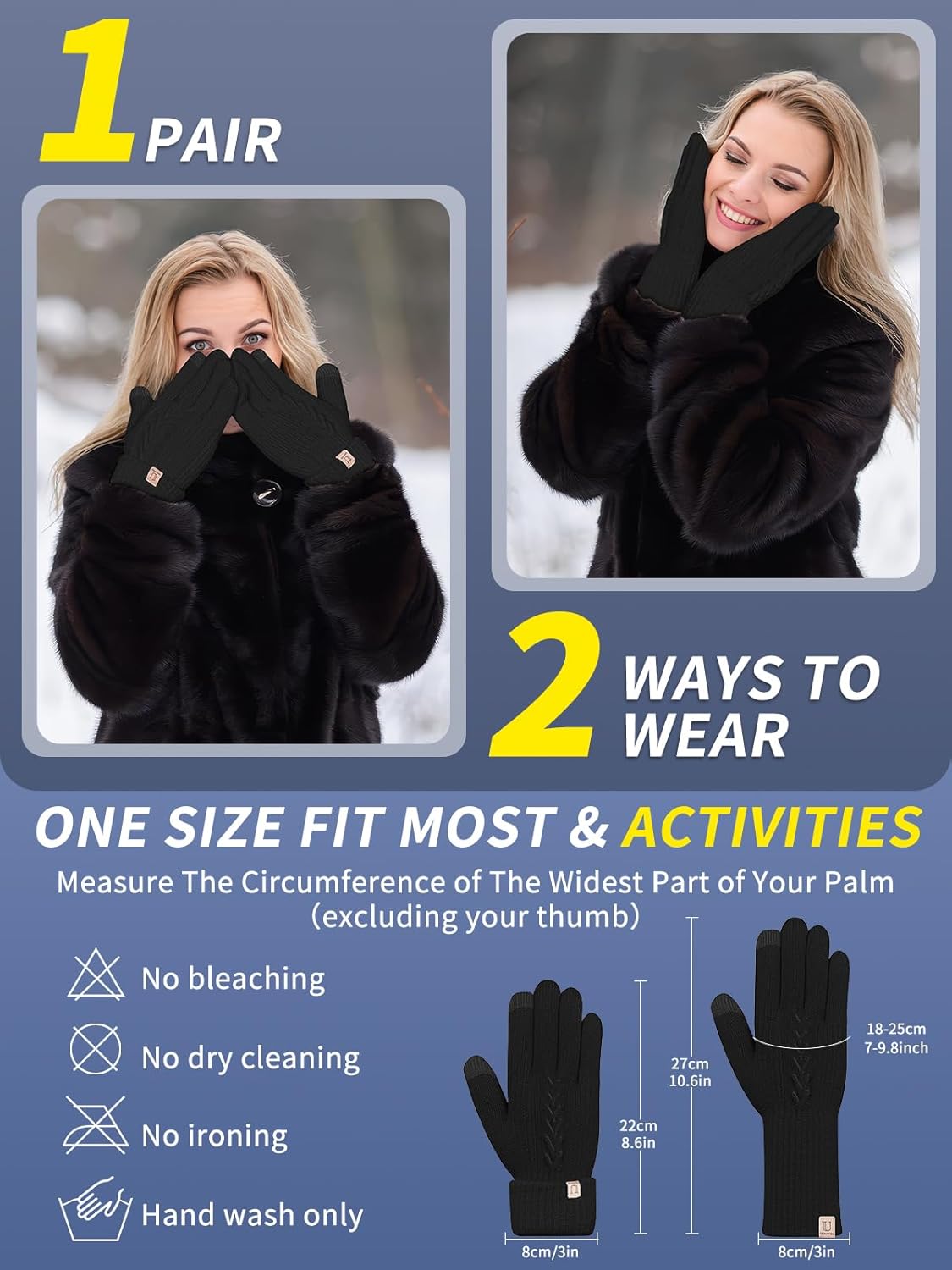 Thermal Winter Gloves,Thicken Elastic Cuff Touch Screen Fleece Lining Knitted Wa - Bild 37 von 43