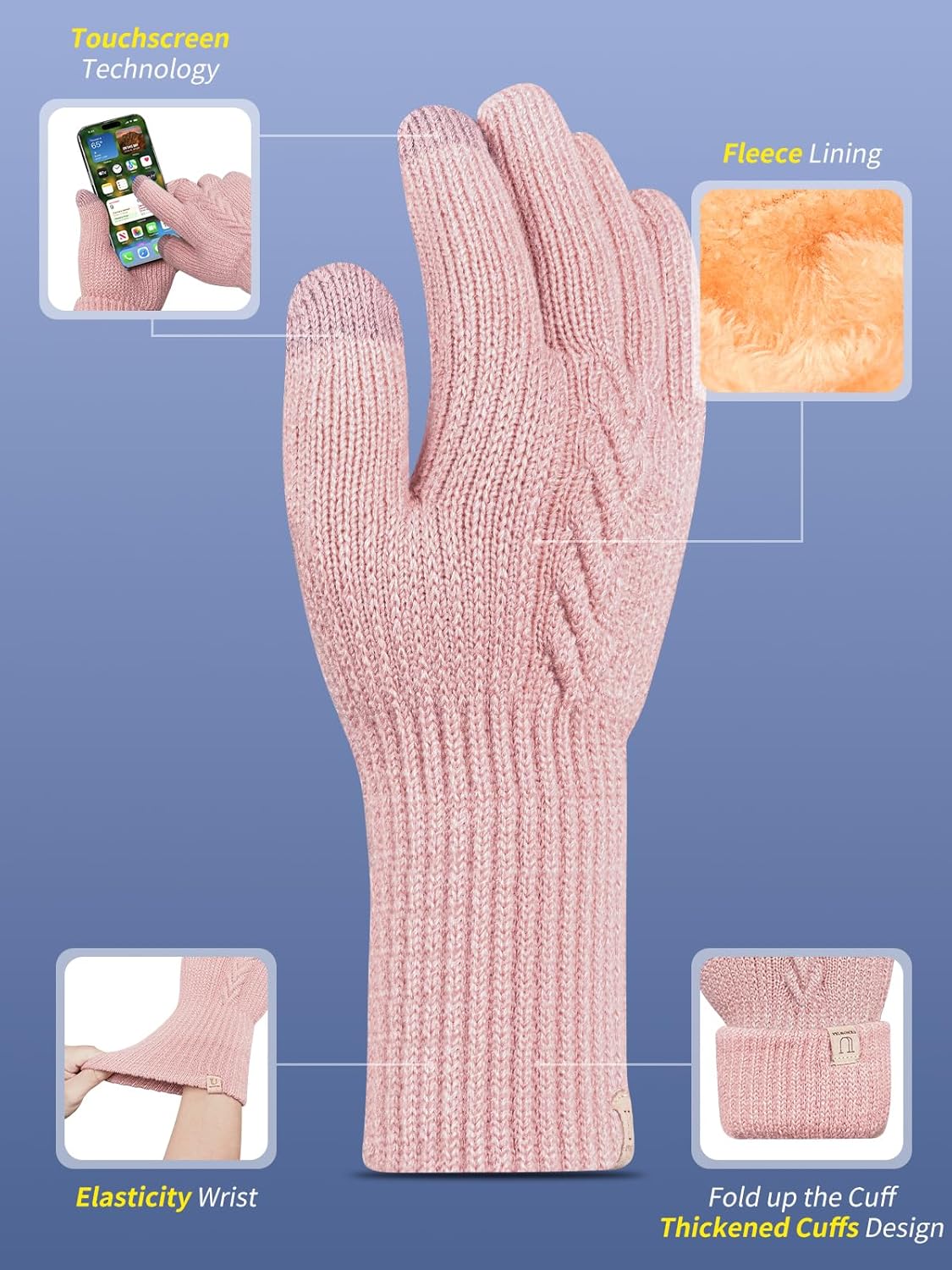 Thermal Winter Gloves,Thicken Elastic Cuff Touch Screen Fleece Lining Knitted Wa - Bild 39 von 43
