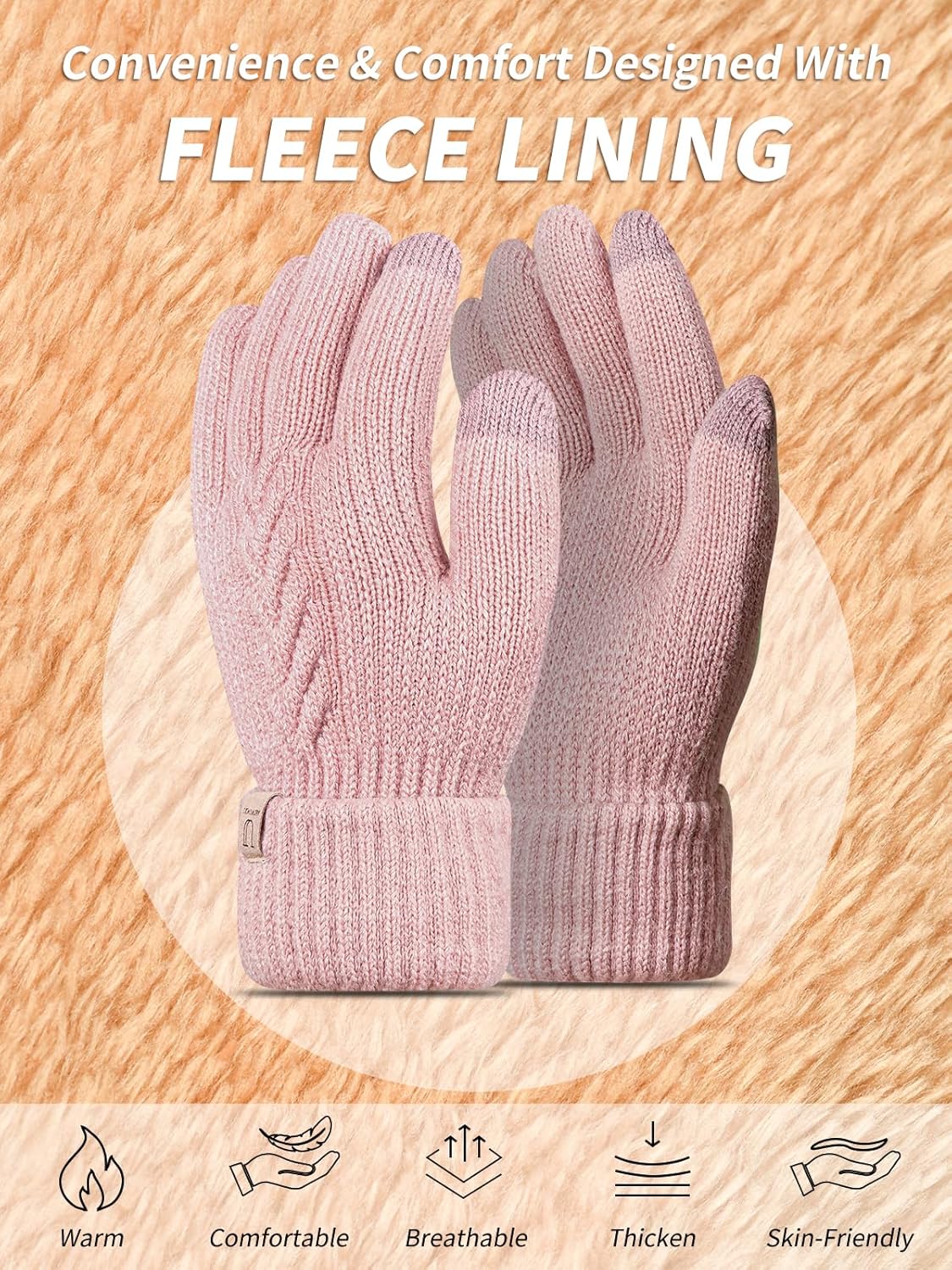 Thermal Winter Gloves,Thicken Elastic Cuff Touch Screen Fleece Lining Knitted Wa - Bild 41 von 43