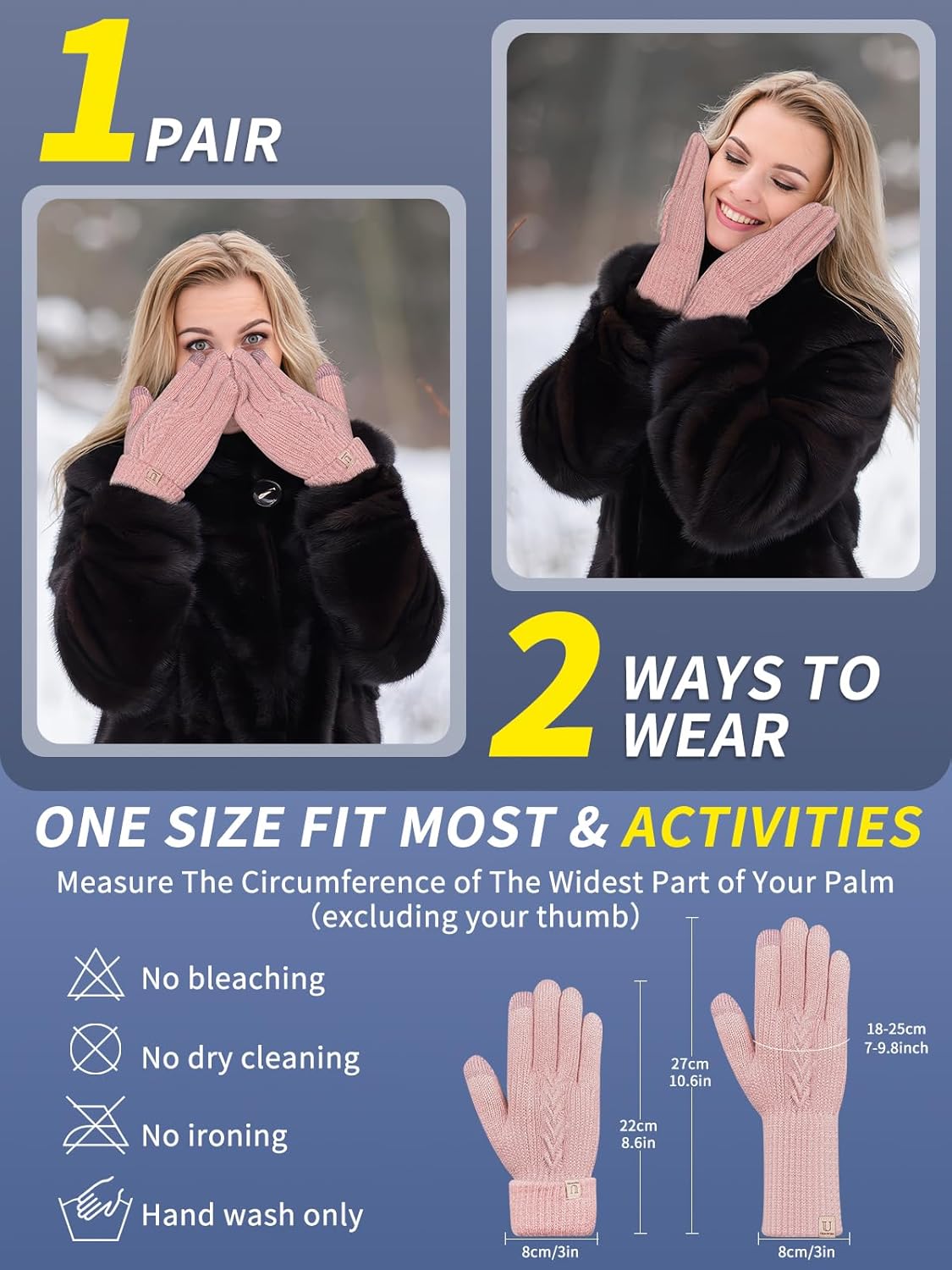 Thermal Winter Gloves,Thicken Elastic Cuff Touch Screen Fleece Lining Knitted Wa - Bild 43 von 43