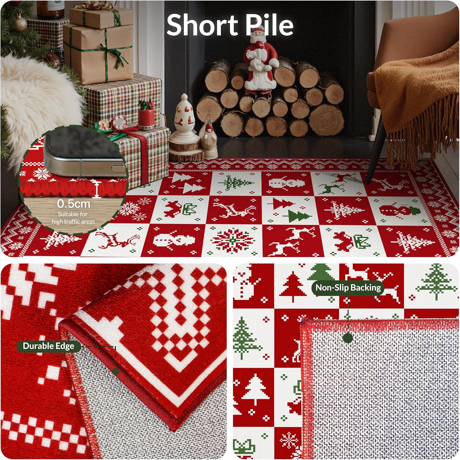 Christmas Door Mat 40x60cm – Non-Slip Holiday Rug with Xmaselements Patchwork De - Bild 32 von 41