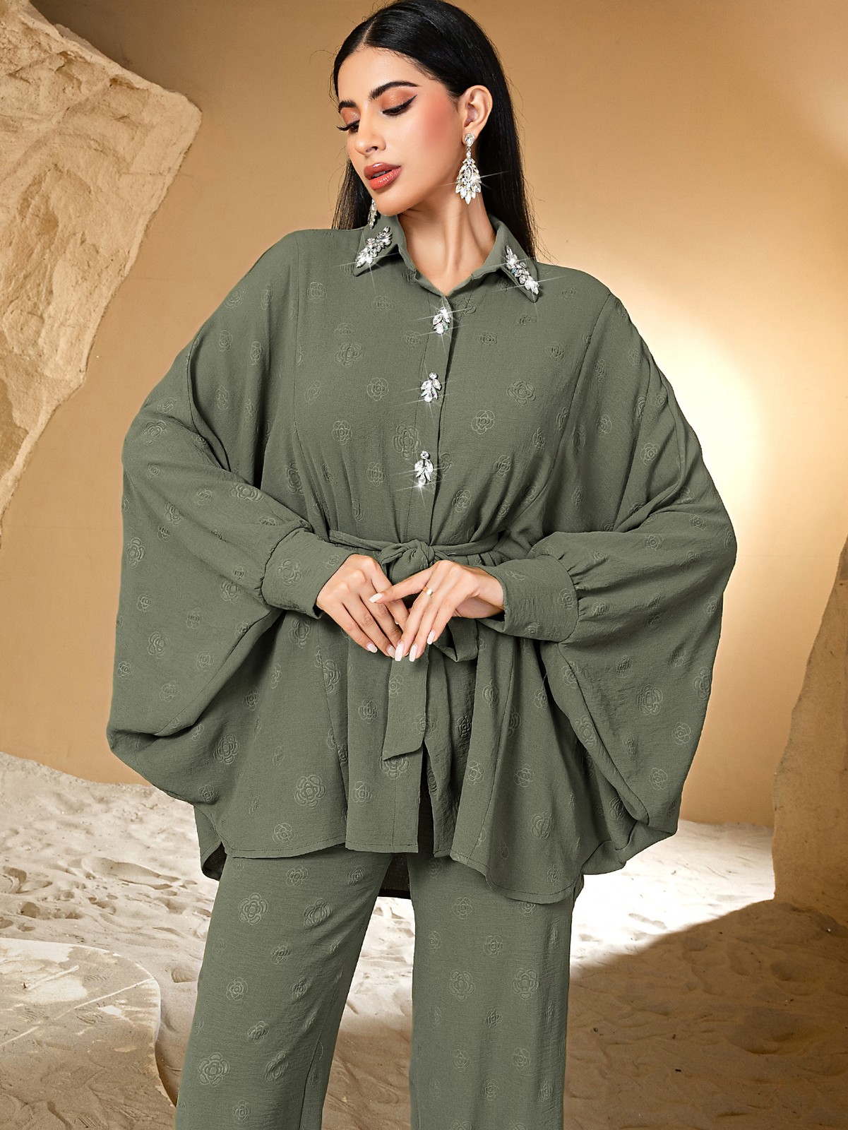 Mujeres Musulmanas Manga Ala de Murciélago Camisa Blusa Pierna Ancha Pantalones Conjuntos 2 Piezas Ourfits Nuevo - Imagen 13 de 13
