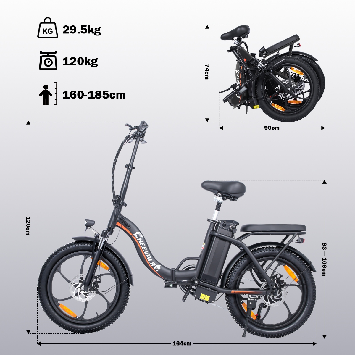 Cheevalry 16AH 100KM Faltbares Elektrofahrrad Damen/Herren 20*3.0" E-Bike Rahmenmaterial Stahl