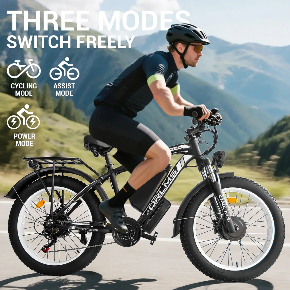 38MPH Dual Motor E-Bike ORLMS 60V 25Ah 26" Fat Tire Adult Electric Bicycle US