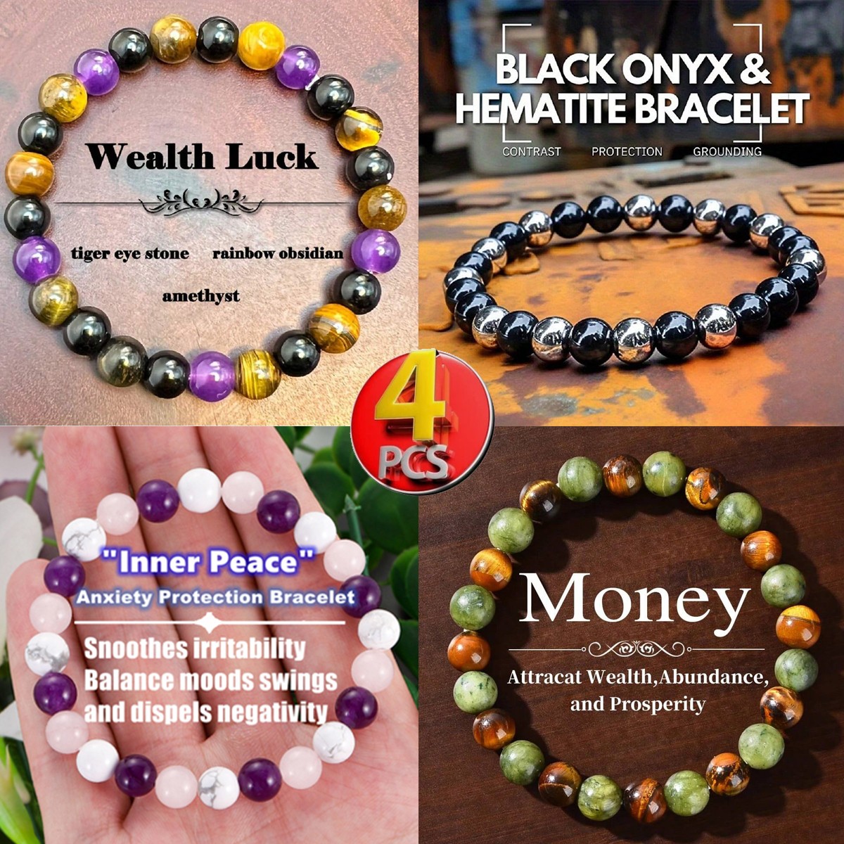 4Pcs Natural Stone Healing Bracelets Set Energy Chakra Anxiety Wealth Jewelry