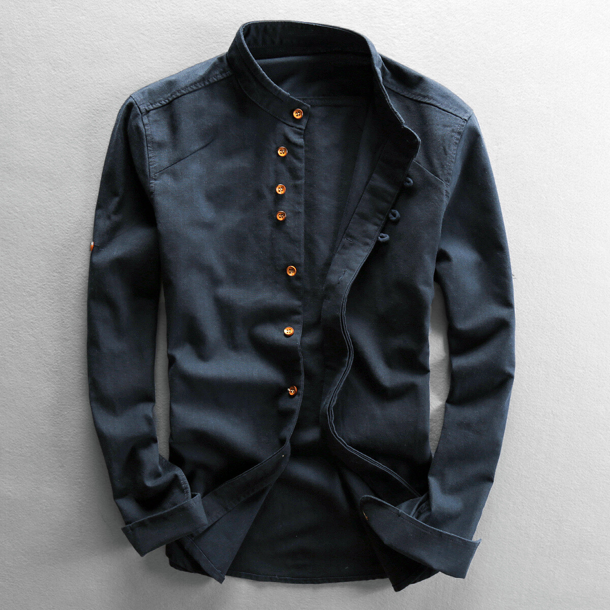 Mens Cotton Linen Shirt Long Sleeve Mandarin Collar Business Dress Shirts