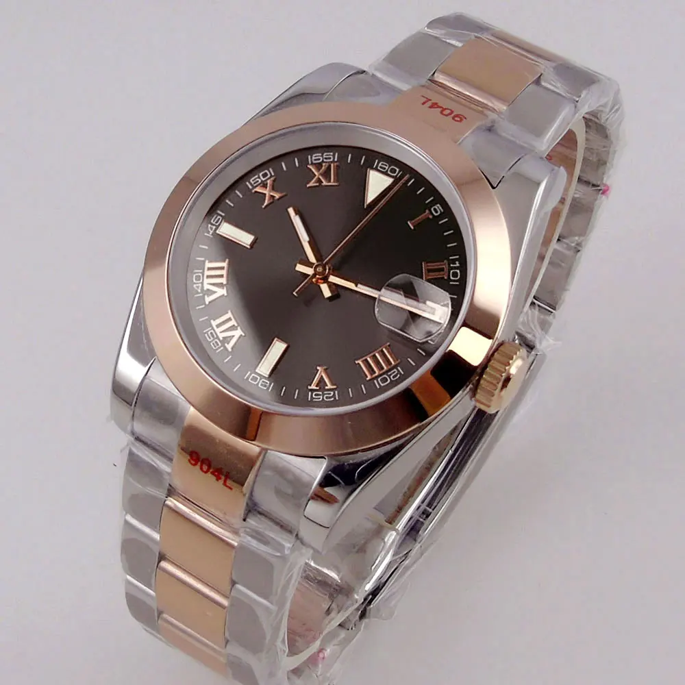 Polished Bezel Rose Golden NH35 Men Lady Automatic Watch Gray Sunburst Dial Date