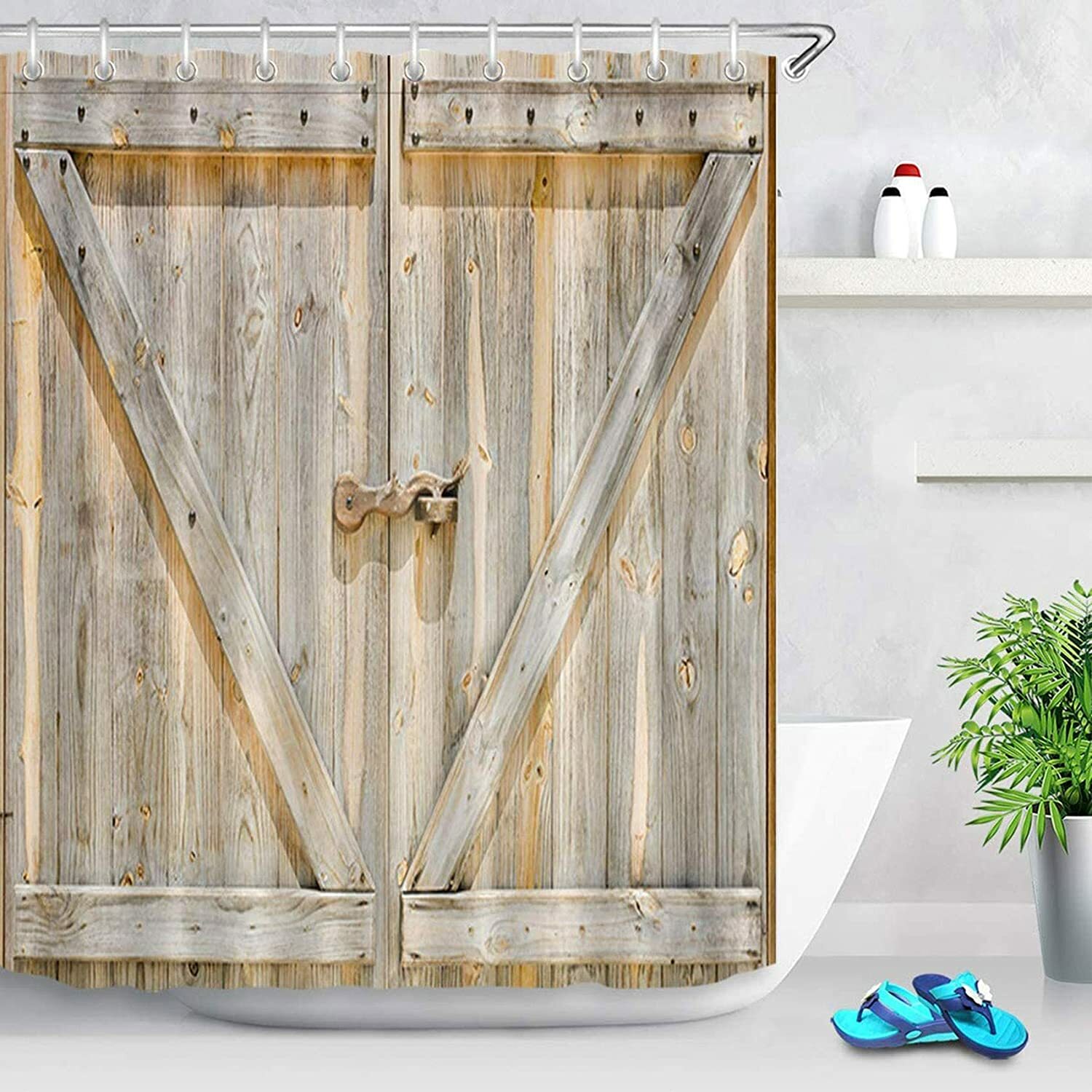 Old-Barn Door Shower Curtain Wooden Barn Door Rustic Shower Curtains Sets US - Picture 7 of 7