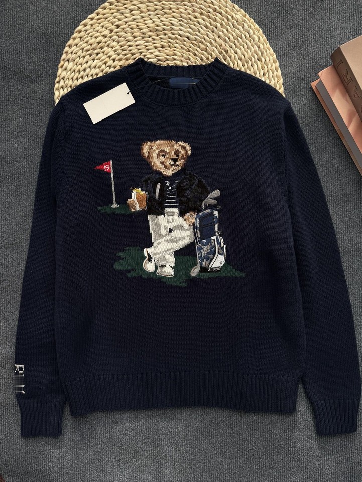 New Autumn and Winter Men's Heavy Embroidery Bear Sweater Round Neck Casual Knit