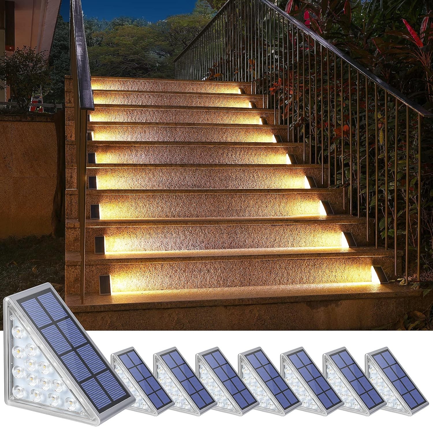 Solar Step Lights Outdoor Waterproof LED Stair Deck Yard Safety Warm White