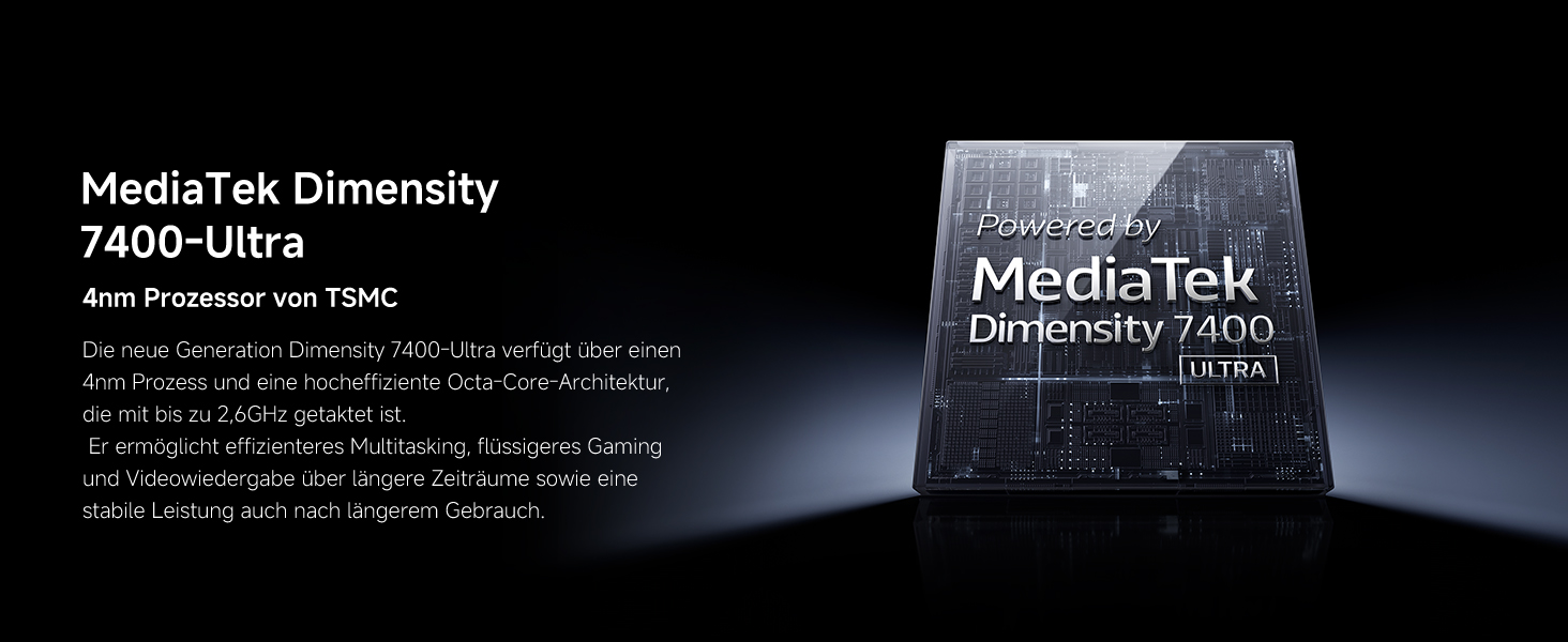 Der Text lautet „MediaTek Dimensity 7400-Ultra“. Das Marketingbild zeigt einen Computerprozessorchip mit metallischer Oberfläche und Schaltungsmustern vor dunklem Hintergrund.