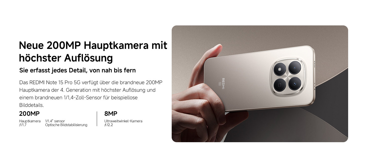 Der Text lautet 'Neue 200MP Hauptkamera mit höchster Auflösung'. Serie von Produktdemonstrationsbildern, die Nahaufnahmen eines Smartphone-Kamerasystems zeigen.