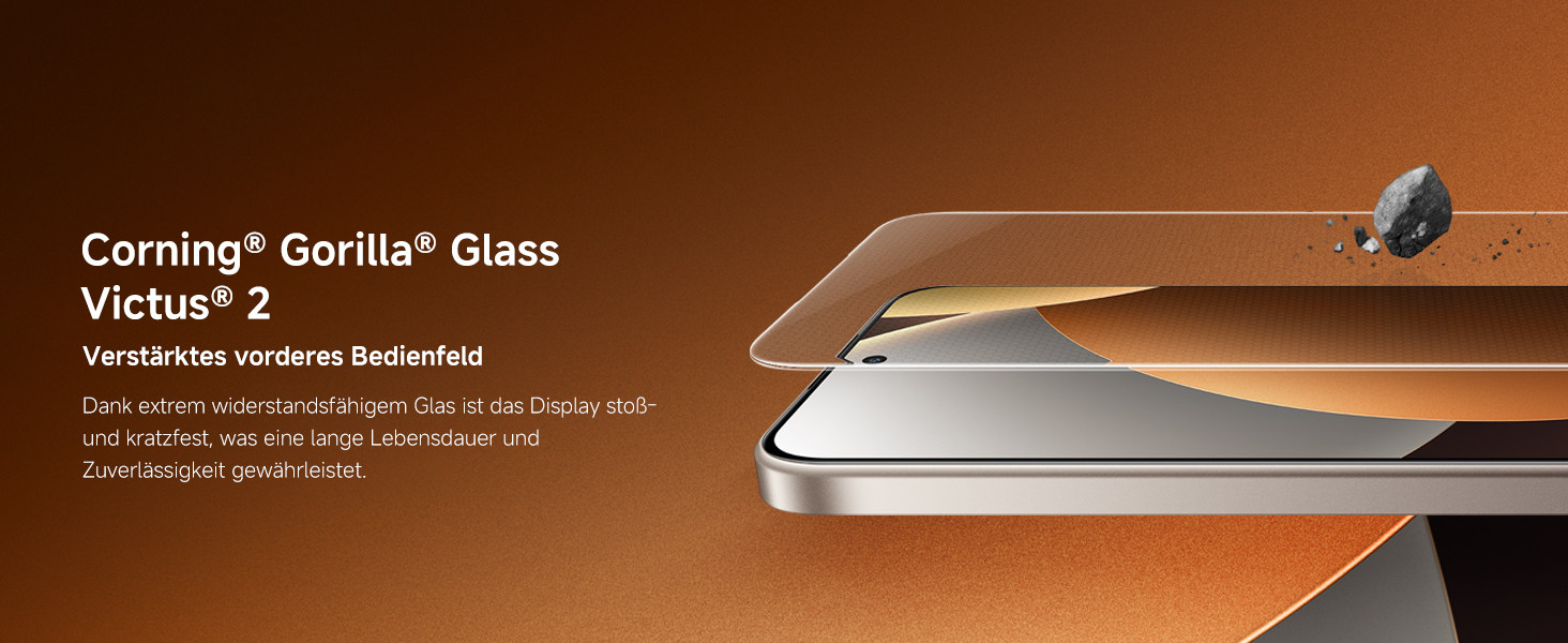 Auf dem Text steht „Corning® Gorilla® Glass Victus® 2“. Dunkles Werbebild, das Glasmaterial mit technischen Spezifikationen zeigt.