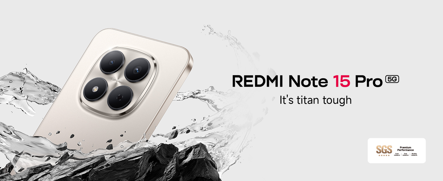 Der Text lautet „REDMI Note 15 Pro“ und „Es ist Elite Tough“. Mehrere Werbebilder zeigen ein elegantes Smartphone mit Doppelkamerasystem in silber/weißem Farbschema.