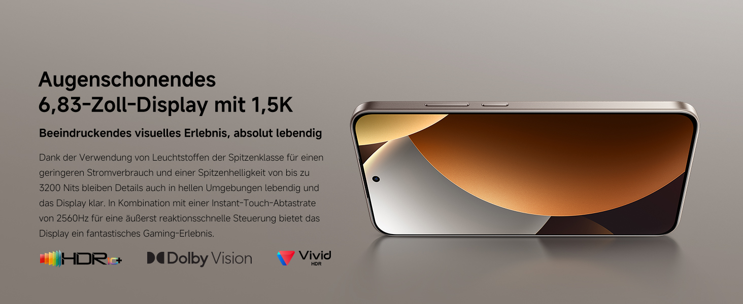 Der Text lautet „Augenschonendes 6,85-Zoll-Display mit 1,5K“, gefolgt von den Logos HDR, Dolby Vision und Widevine. Produktdisplay mit technischen Daten zur Bildschirmtechnologie.