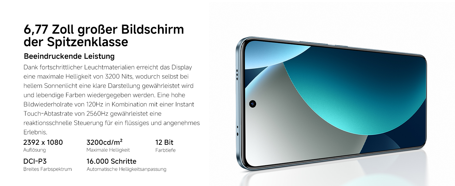 Produktbild, das ein Smartphone oder Tablet-Gerät mit gebogenem, blau getöntem Bildschirm zeigt, mit deutschem Text oben sichtbar.
