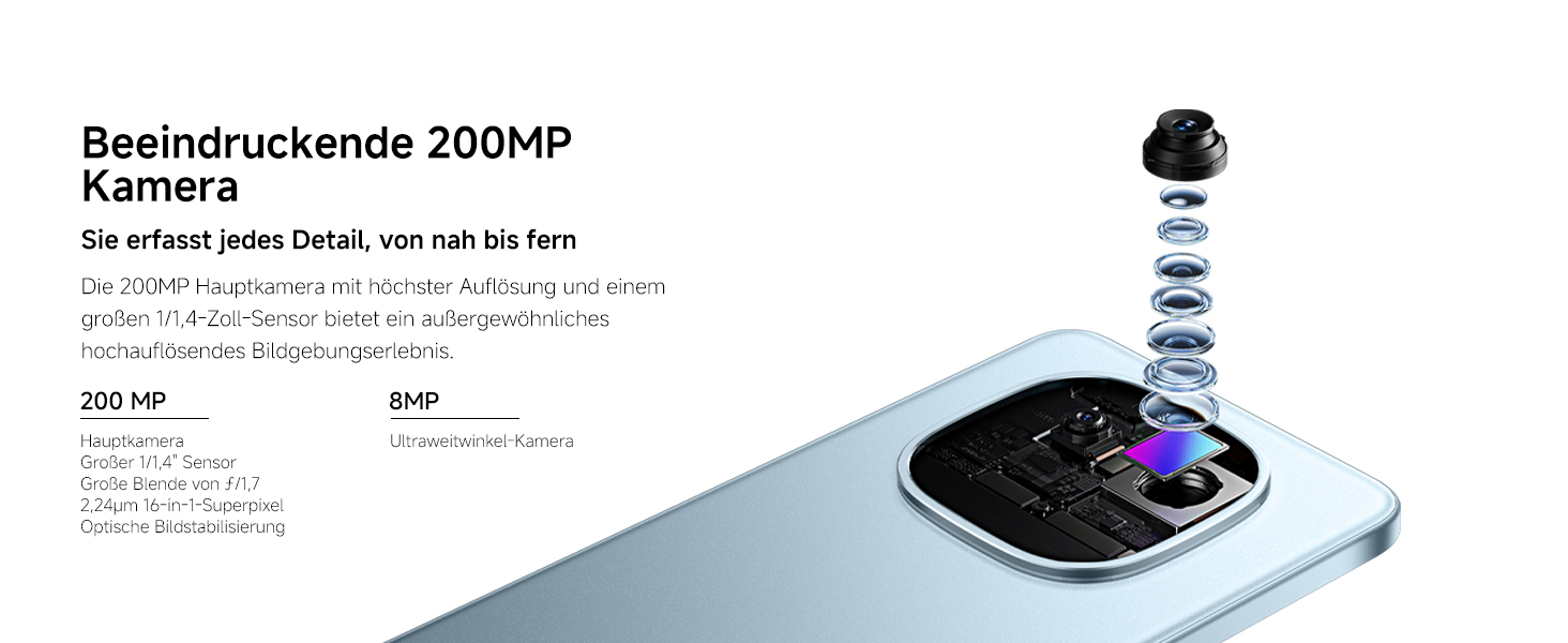 Der Text lautet „Beeindruckende 200MP Kamera“. Technisches Produktdiagramm mit technischen Daten und Funktionen der Smartphone-Kamera mit Messdetails.