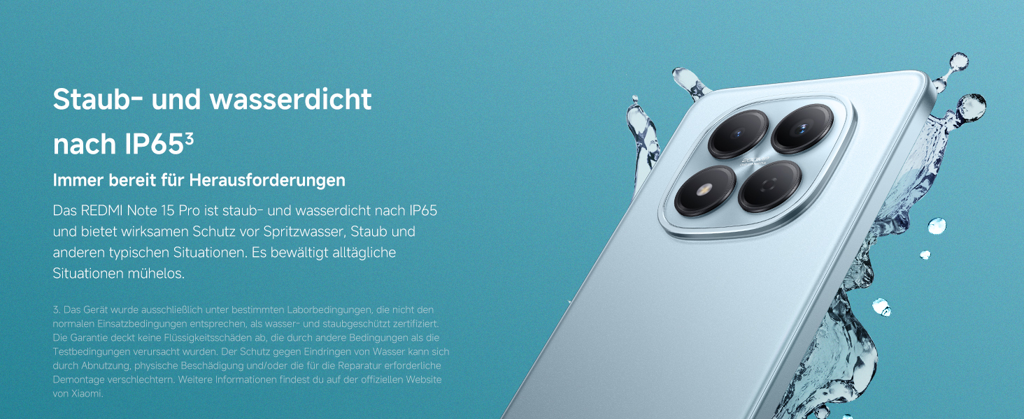 Produktwerbung mit weißem Smartphone oder Gerät vor hellblauem Hintergrund mit Layout der technischen Spezifikationen.