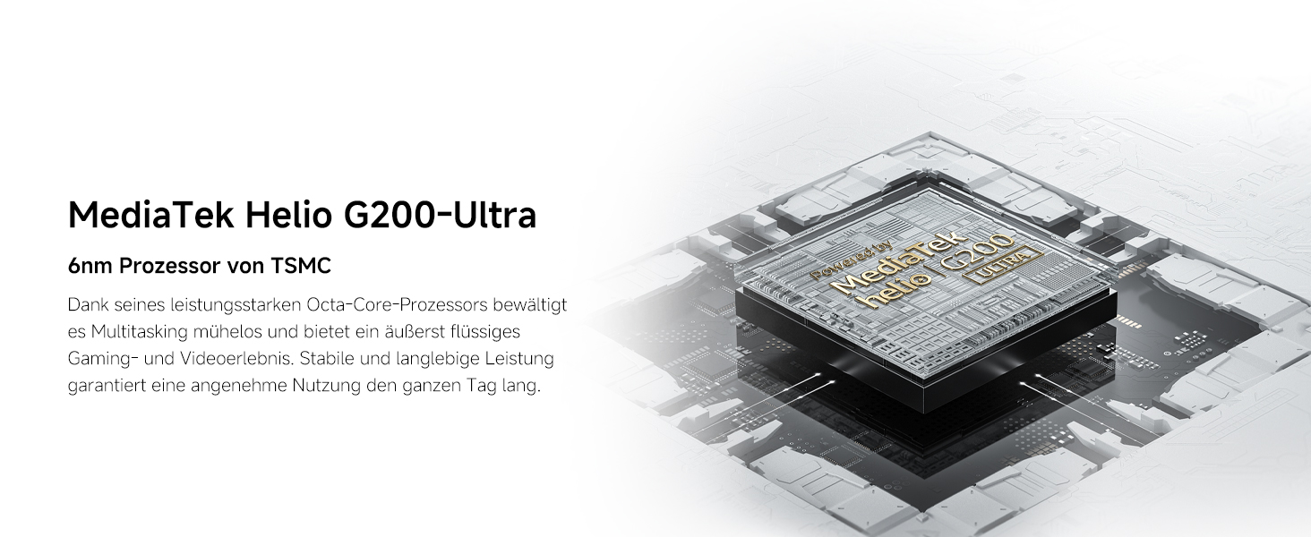 Der Text lautet „MediaTek Helio G200-Ultra“. Technisches Diagramm, das die geschichtete Computerchip-Architektur mit mehreren Komponenten und Verbindungen zeigt.