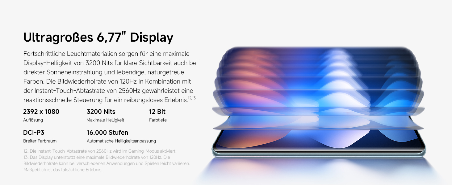 Der Text lautet „UltraGlide&S 6.7" Display“. Produktdisplay mit Bildschirmen oder Geräten mit gekrümmten Farbverläufen in Blau und Violett