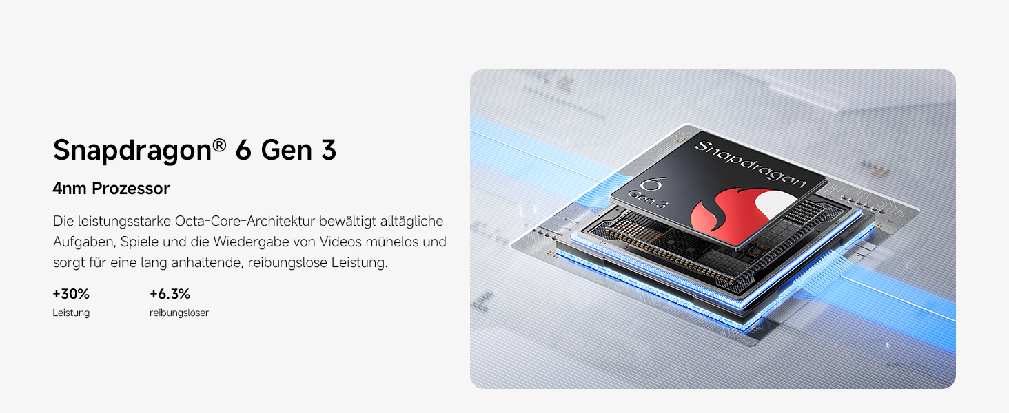 Der Text lautet „Snapdragon X Gen 3". Technische Produktpräsentation mit elektronischem Bauteil oder Chip mit detaillierten Spezifikationen.