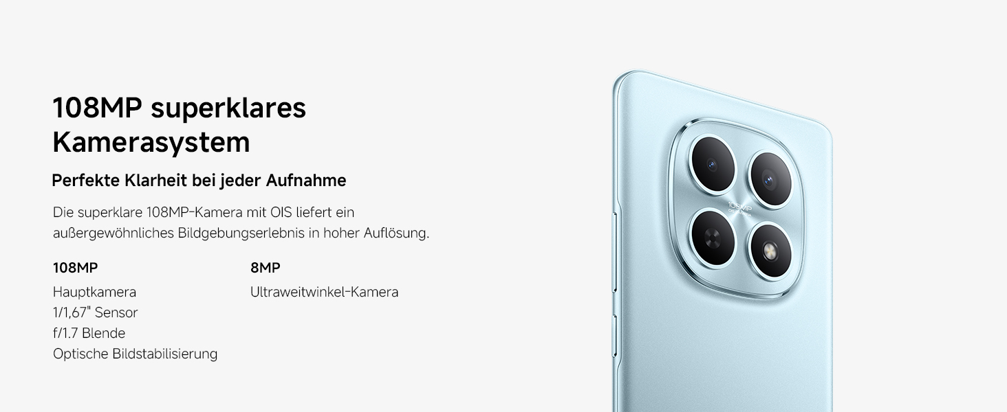 Der Text lautet '108MP super+klares Kamera-System'. Weißes elektronisches Gerät mit dualem Kameramodul, das aus mehreren Blickwinkeln dargestellt wird.
