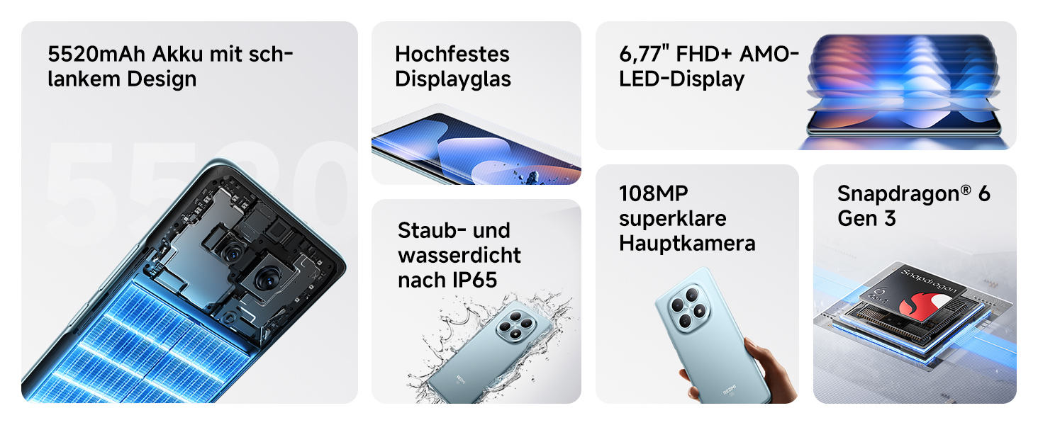 Der Text lautet „5520mAh Akku mit sch-neuem Design“, „Hochfestes Displayglas“, „6.77" FHD+ AMD-LED-Display', 'Snapdragon 8 Gen 3'. Technische Produktspezifikationen werden mit Bildern des Smartphones angezeigt.