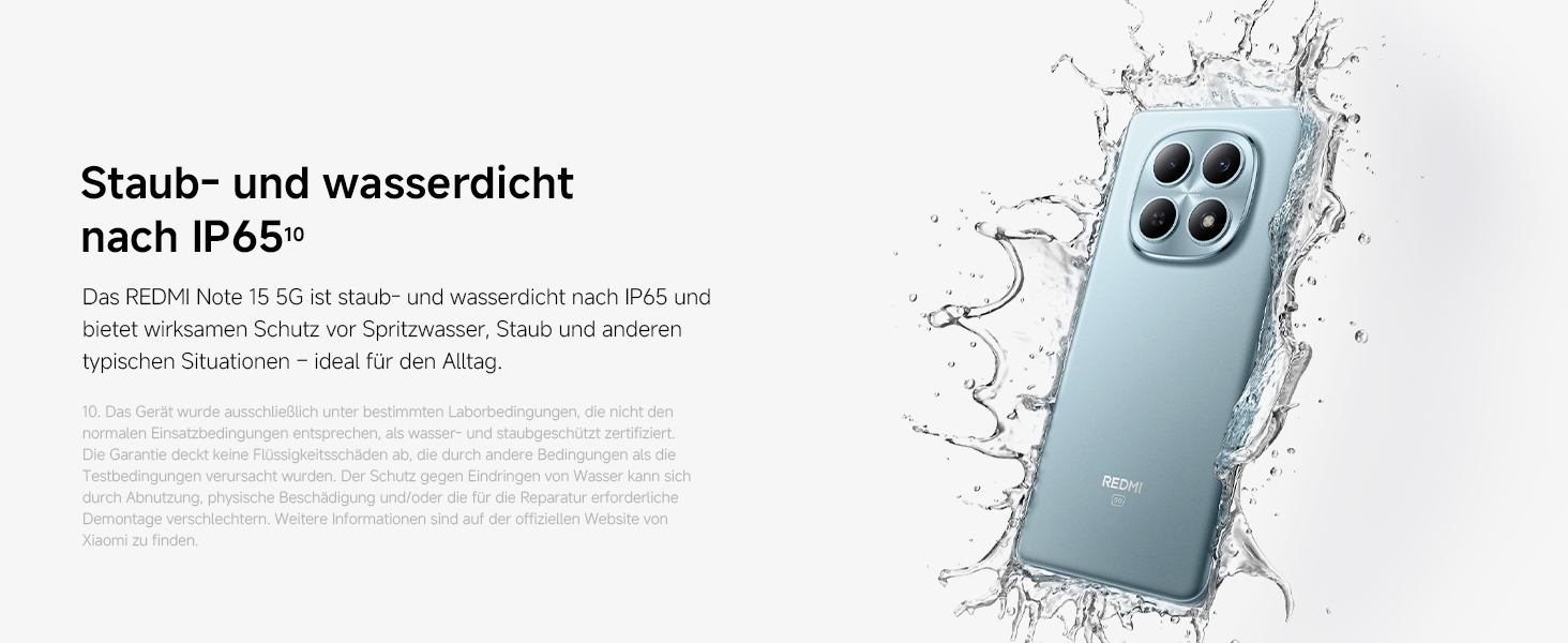 Der Text lautet „Staub und wasserdicht nach IP65“. Technisches Produktdiagramm, das die wasser- und staubdichten Eigenschaften eines Geräts zeigt.
