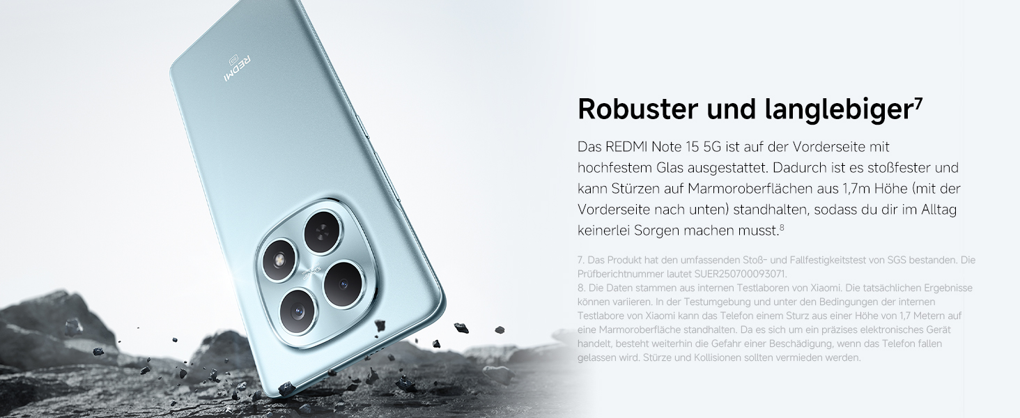 Der Text lautet „Robuster und länglicher“. Technisches Produktdiagramm oder Abbildung mit Gerätespezifikationen und Funktionen.