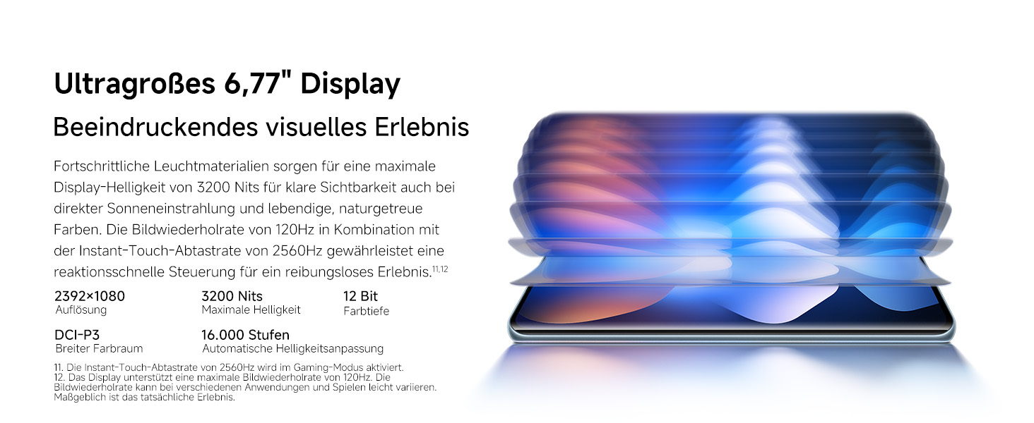 Der Text lautet „Ultragroßes 6.77" Display“ und „Beeindruckendes visuelles Erlebnis“. Zeigt ein Smartphone- oder Tablet-Gerät an, das einen lebendigen violetten und blauen Farbverlauf anzeigt.