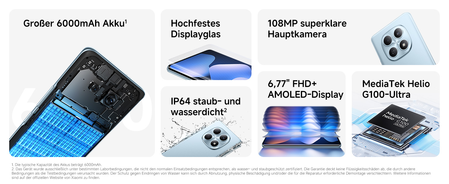 Der Text lautet „Großer 6000mAh Akku“, „IP54 staub- und wasserdicht“, „6,77" FHD+ AMOLED-Display“, „MediaTek Helio G100-Ultra“. Technische Daten Display-Layout.
