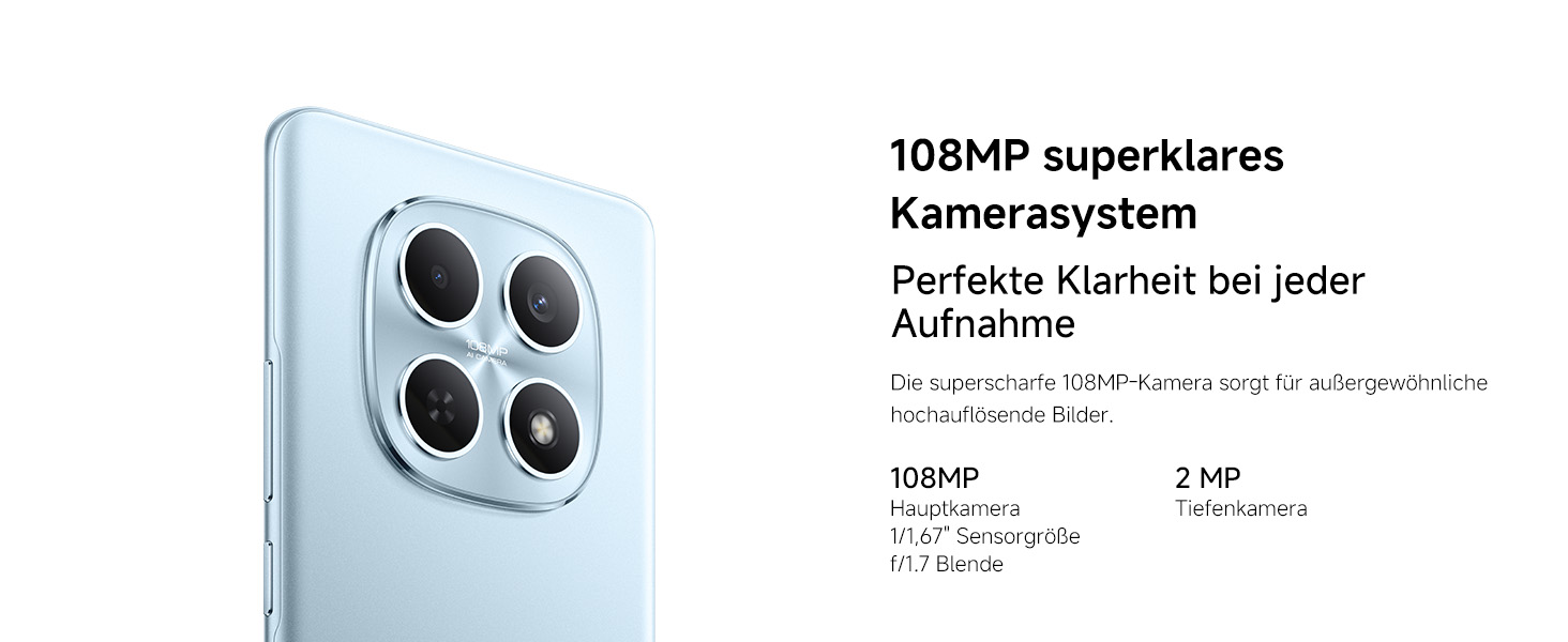 Der Text lautet: '108MP superklares Kamerasystem' und 'Perfekte Klarheit bei jeder Aufnahme'. Nahaufnahme des Quad-Kameramoduls in hellblauer Ausführung.
