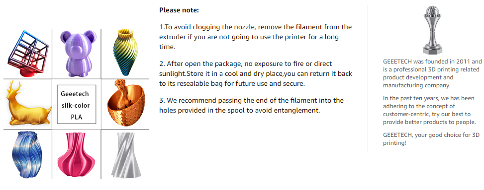 Geeetech Silk White PLA 1.75mm 1kg/roll note