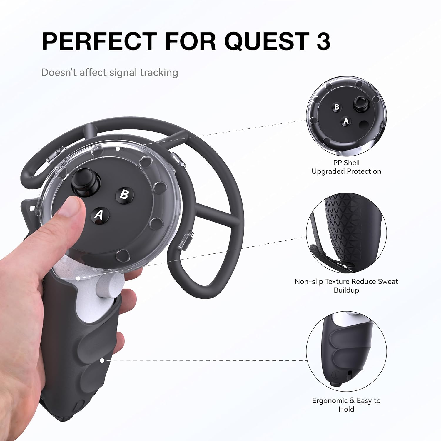 VR Controller Grips for Meta Quest 3, TPU Protector with Adjustable Straps