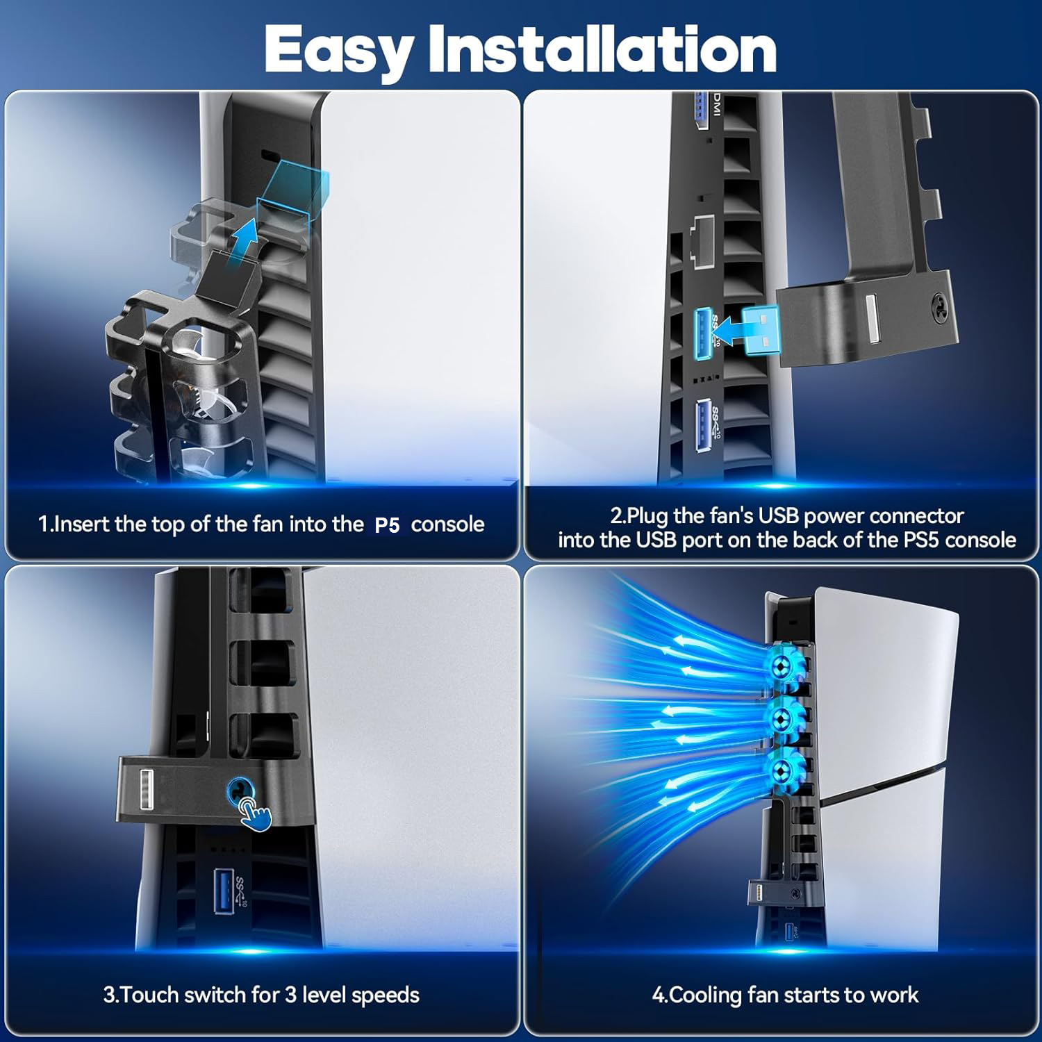 Cooling Fan for PS5 Slim Disc & Digital Console with USB Hub