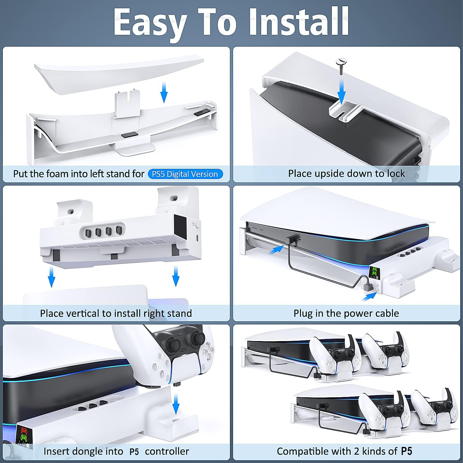 Horizontal Stand with Cooling Fan and Controller Charger for PS5 Console
