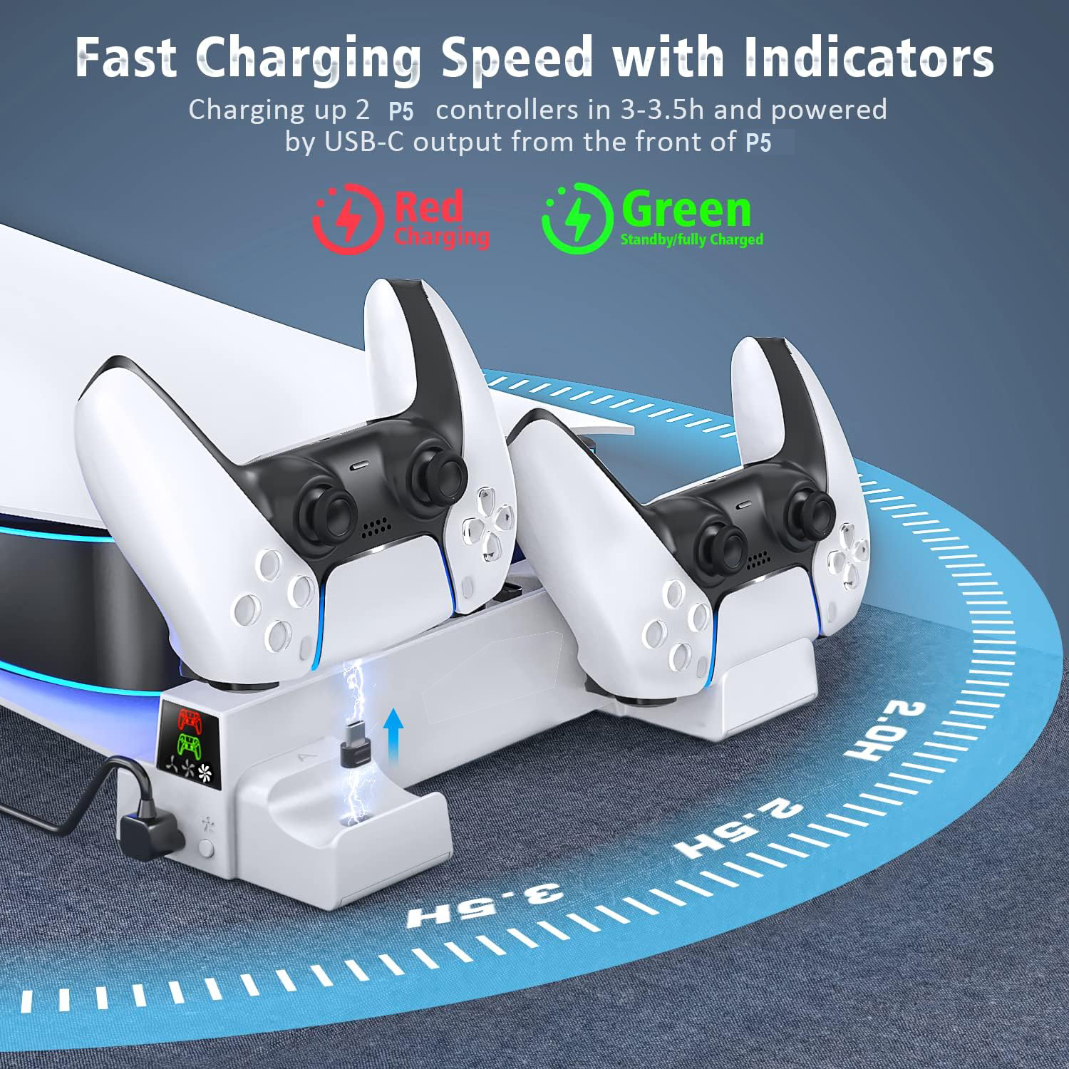Horizontal Stand with Cooling Fan and Controller Charger for PS5 Console
