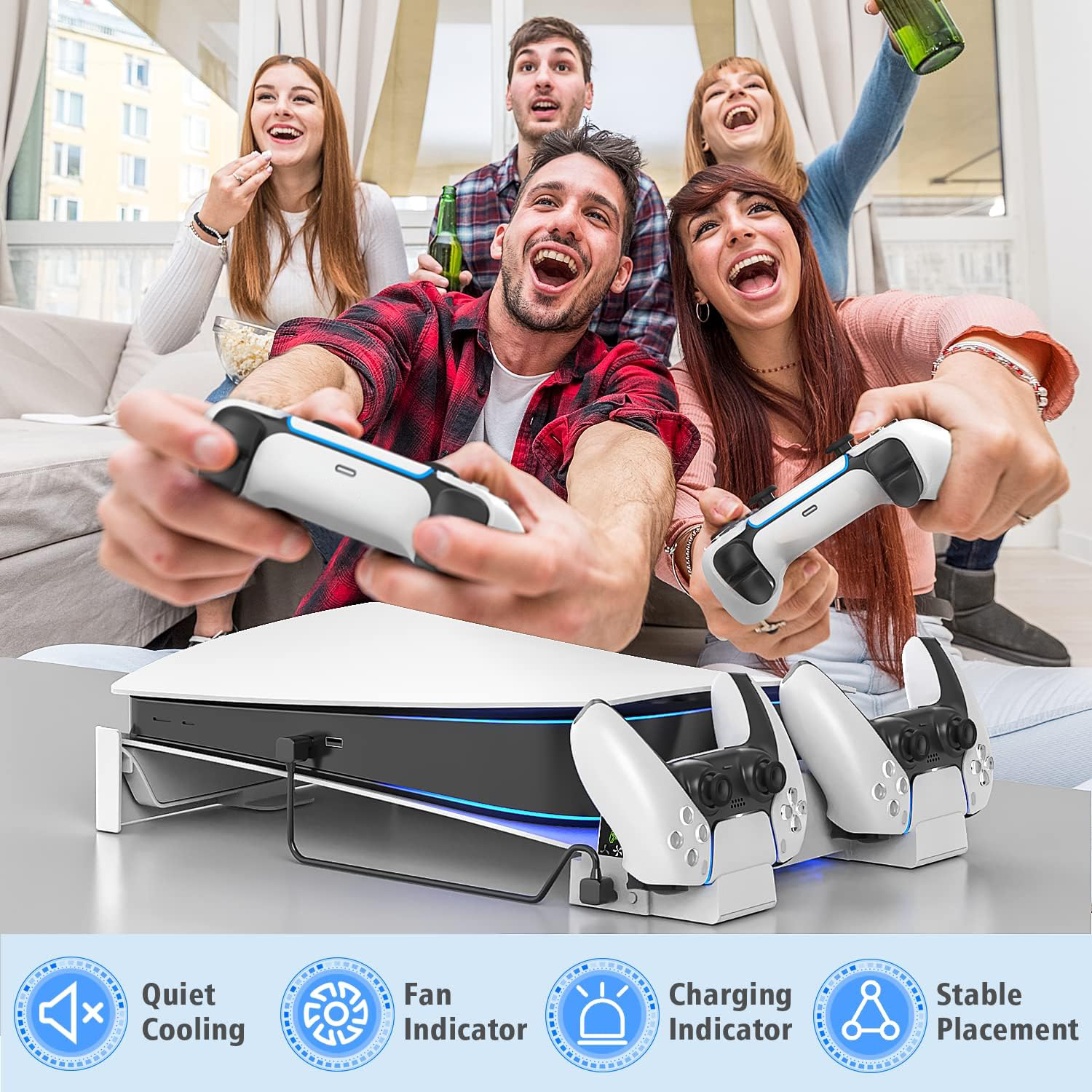 Horizontal Stand with Cooling Fan and Controller Charger for PS5 Console