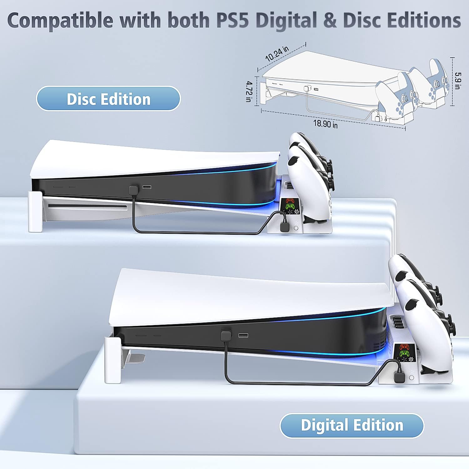 Horizontal Stand with Cooling Fan and Controller Charger for PS5 Console