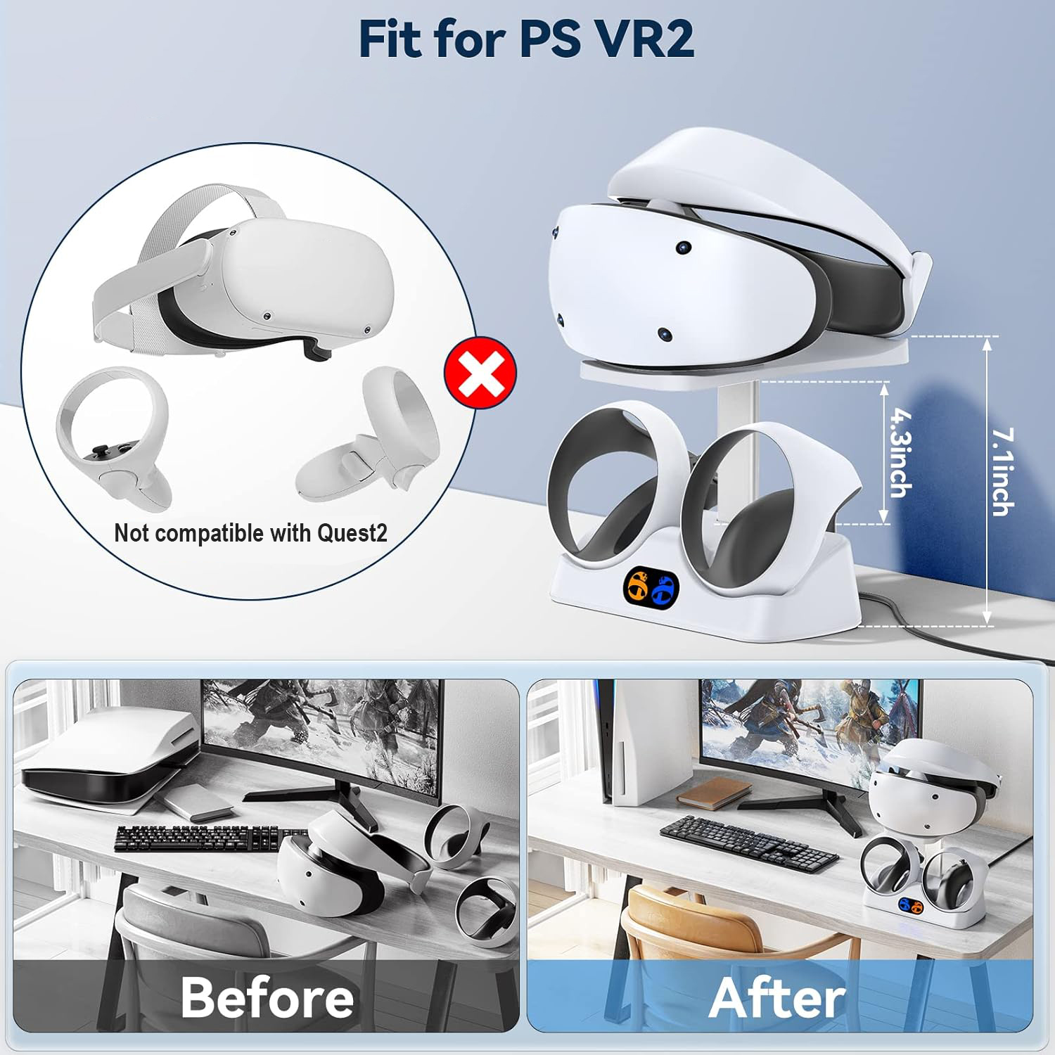 Controller Charging Dock for PSVR2 with LED Indicator & Type-C Cable