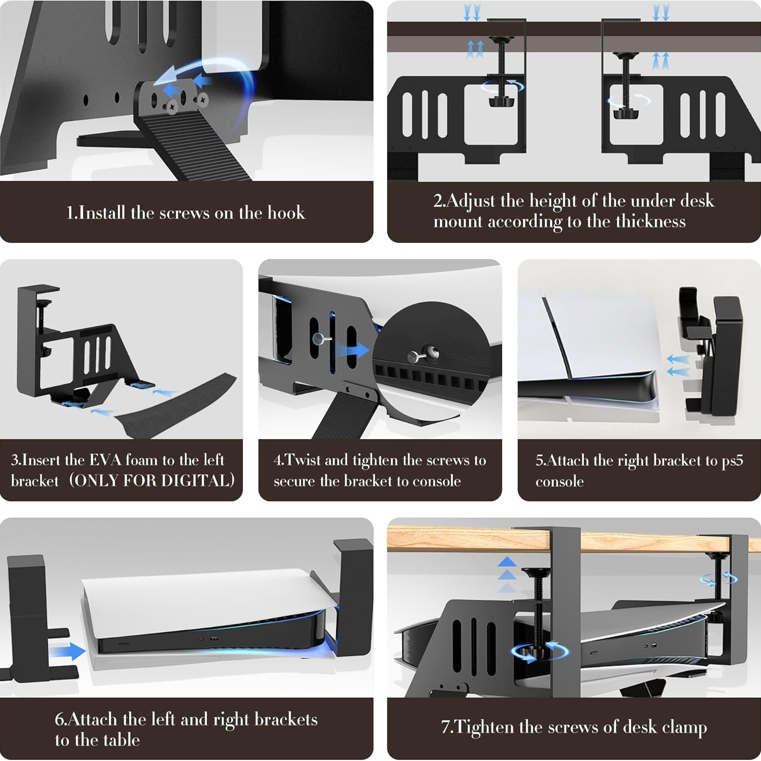Under Desk Mount for PS5/Pro/Slim with Clamp & EVA Foam