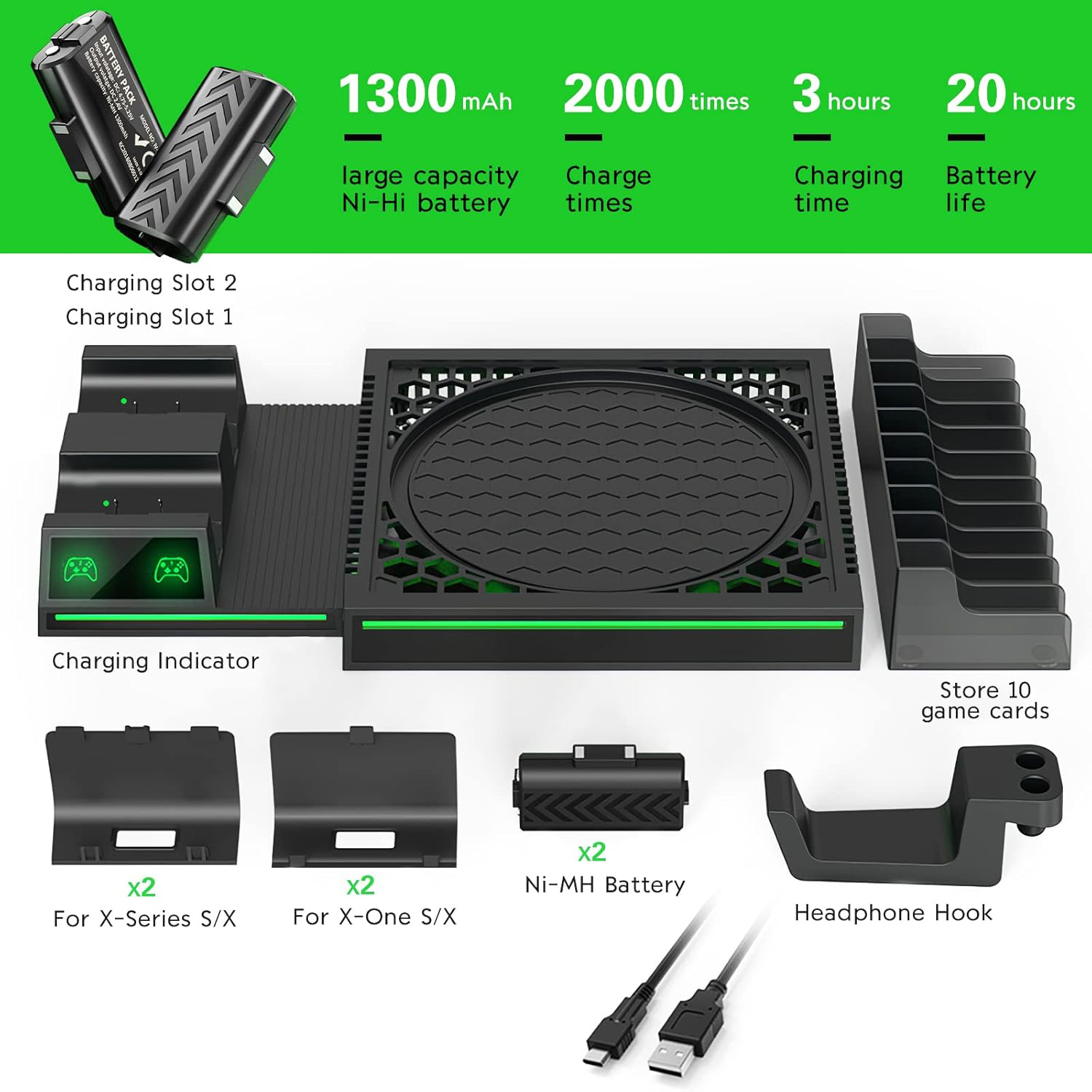 Cooling Stand for Xbox Series X with Controller Charger & 2 Batteries