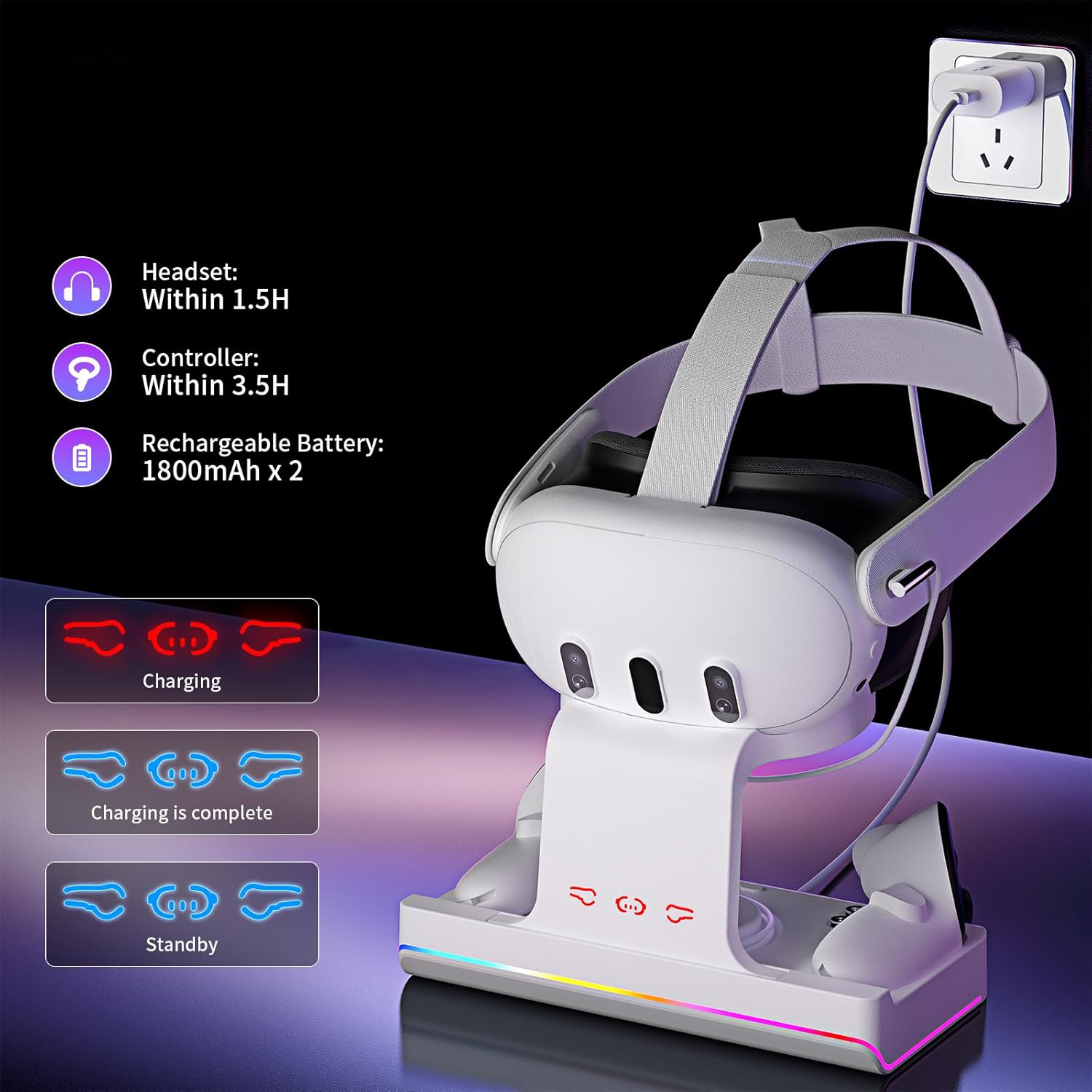 VR Charging Station for Meta Quest 3 with RGB Light and Controller Charger